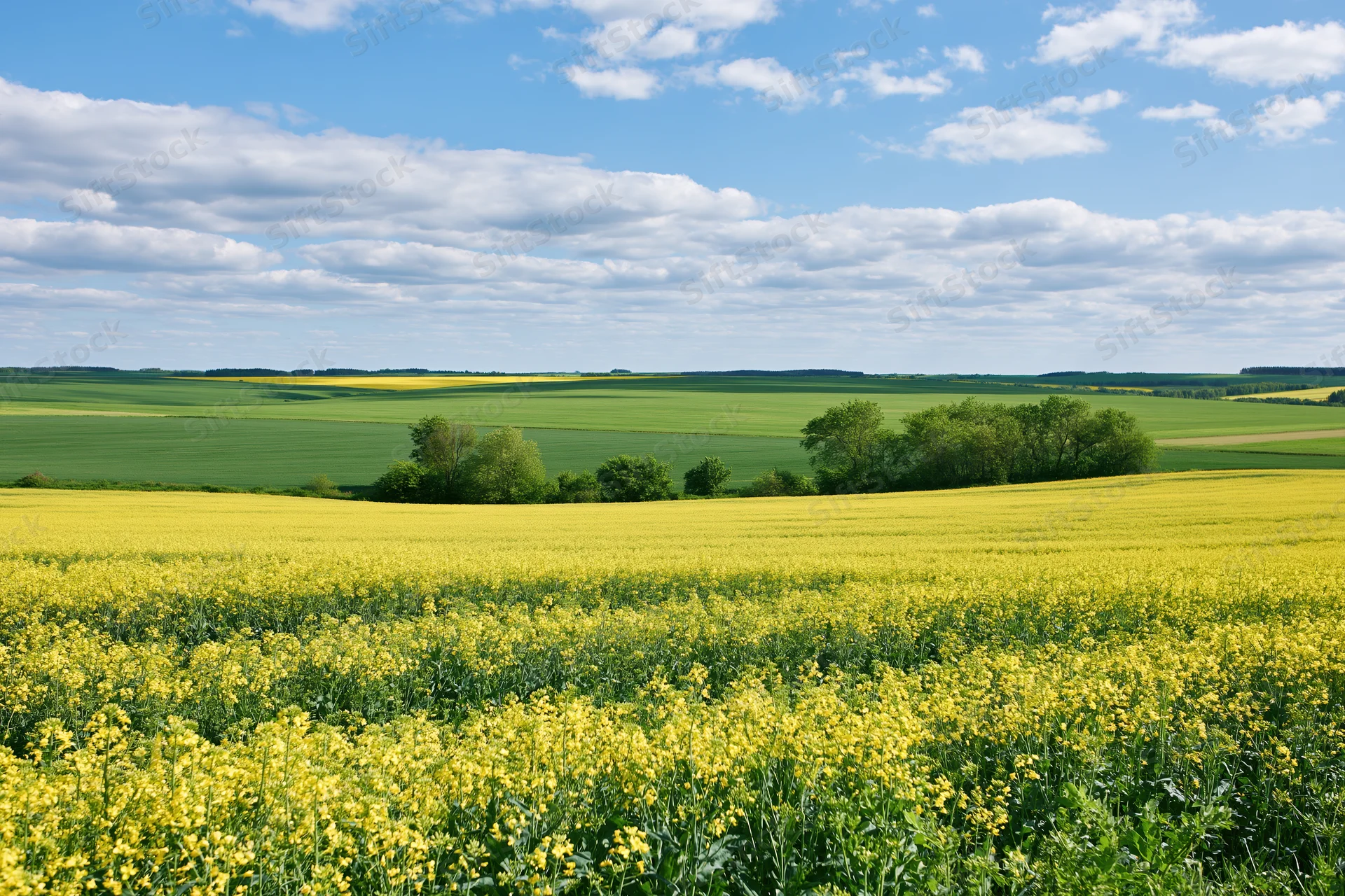 Flowering rapeseed field stretching to the horizon under a blue sky with scattered clouds