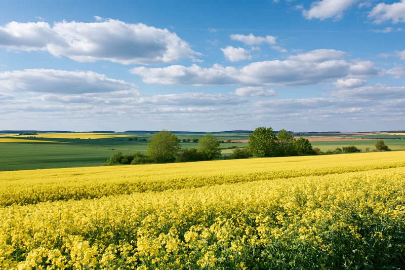 Flowering rapeseed field stretching to the horizon under a blue sky with scattered clouds