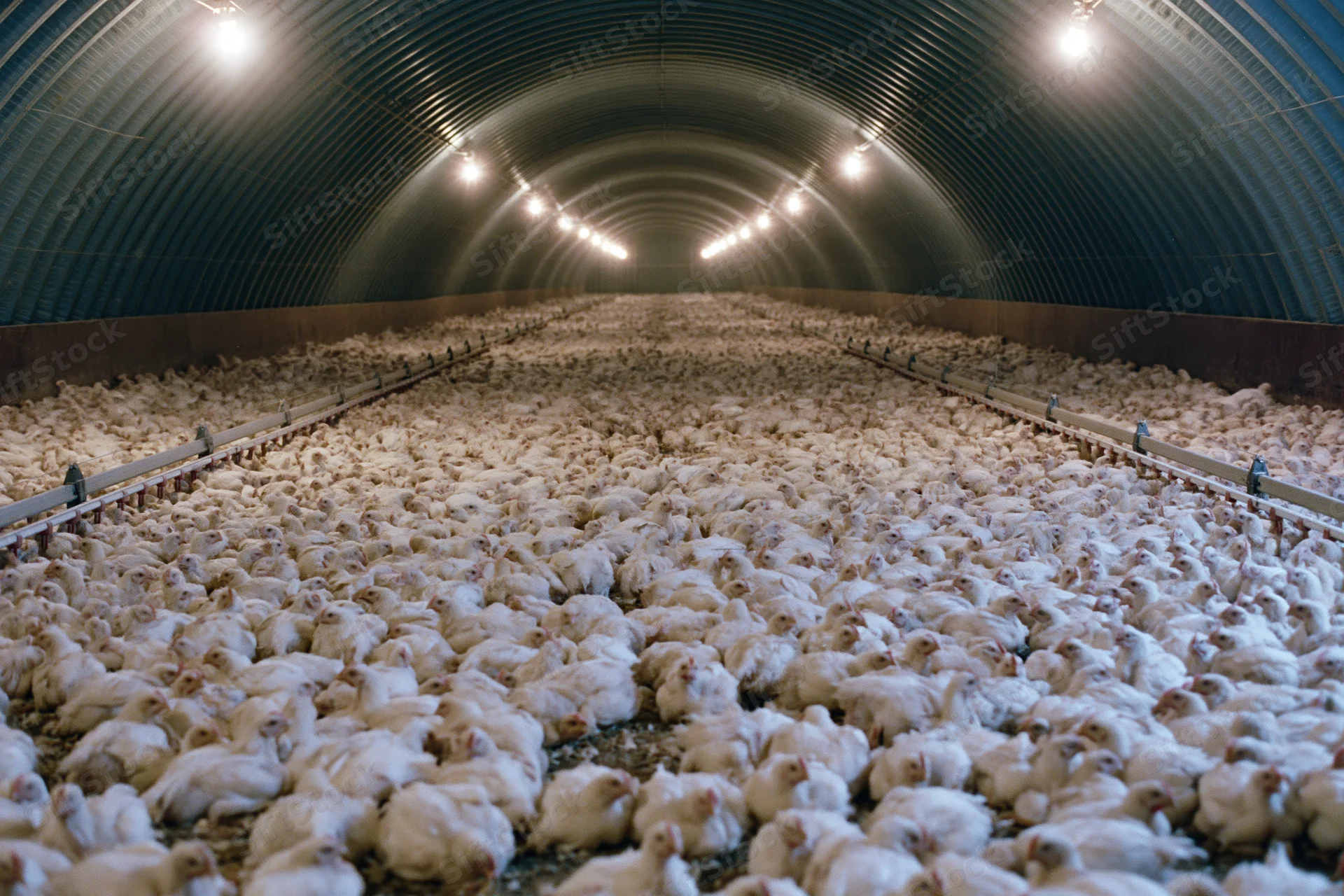 Thousands of white chickens densely packed in a large industrial poultry barn with arched metal ceiling and overhead lighting