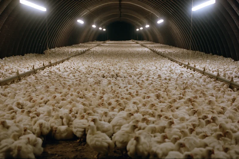 Industrial poultry barn filled with thousands of white birds
