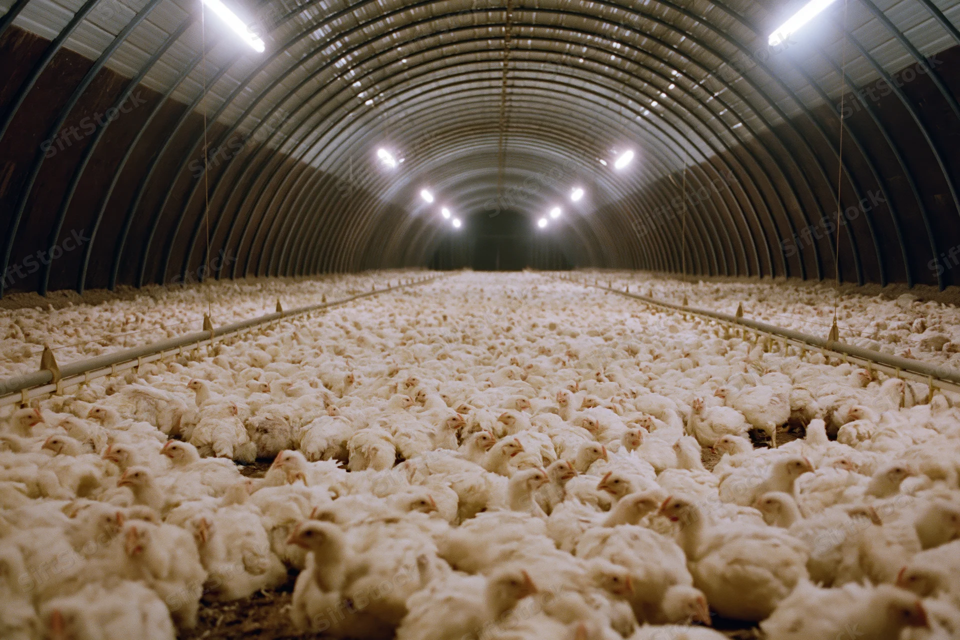 Thousands of white chickens densely packed in a long arched industrial poultry barn with overhead lighting and feeding troughs