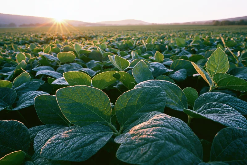 Soybean field stretching to the horizon at sunrise, low wide-angle view showing dense green foliage in the foreground