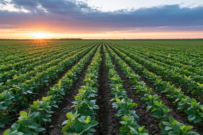 Soybean crop rows stretching across a vast field at sunset