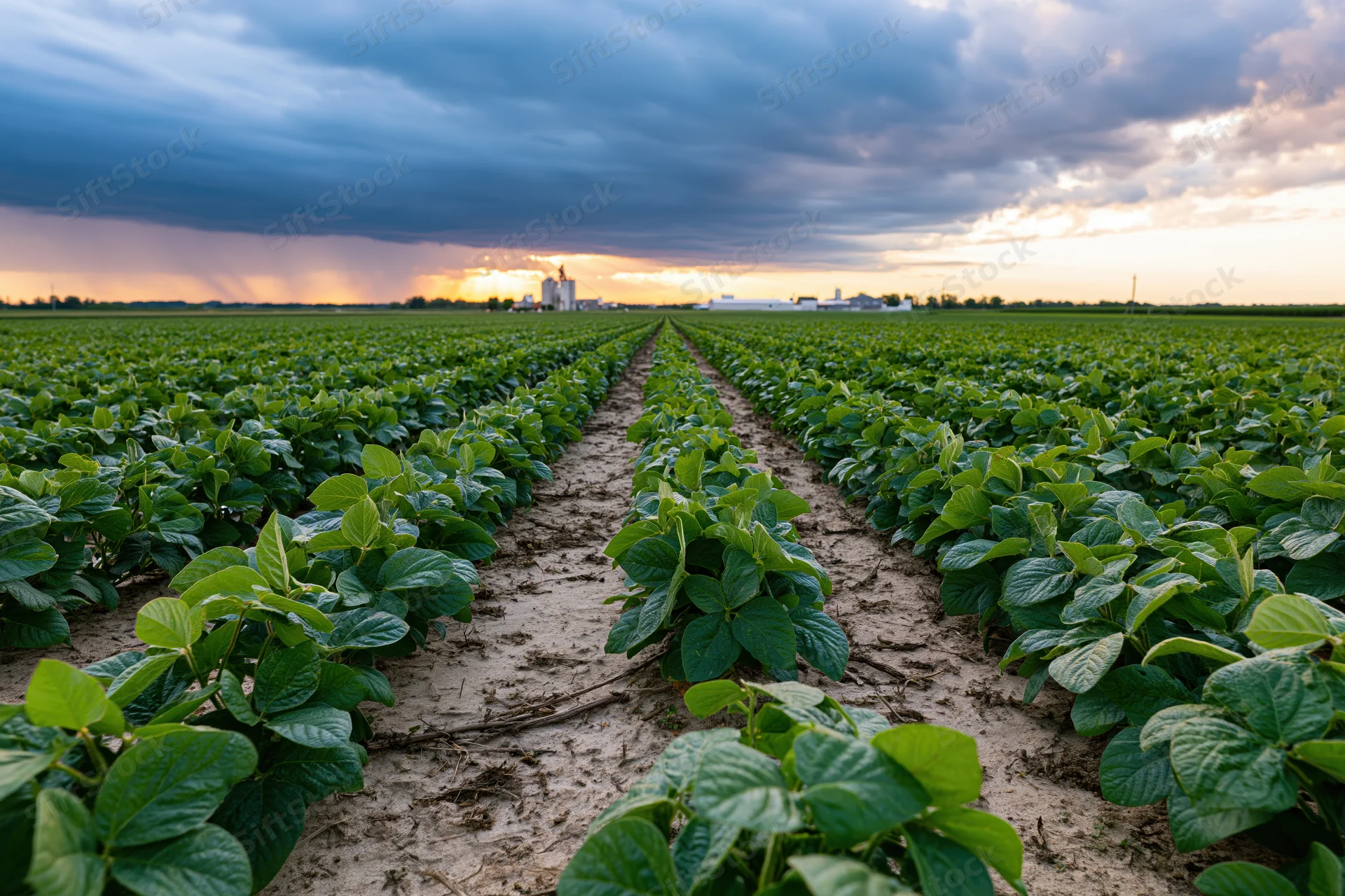 Soybean crop rows converging toward horizon in rural field at twilight