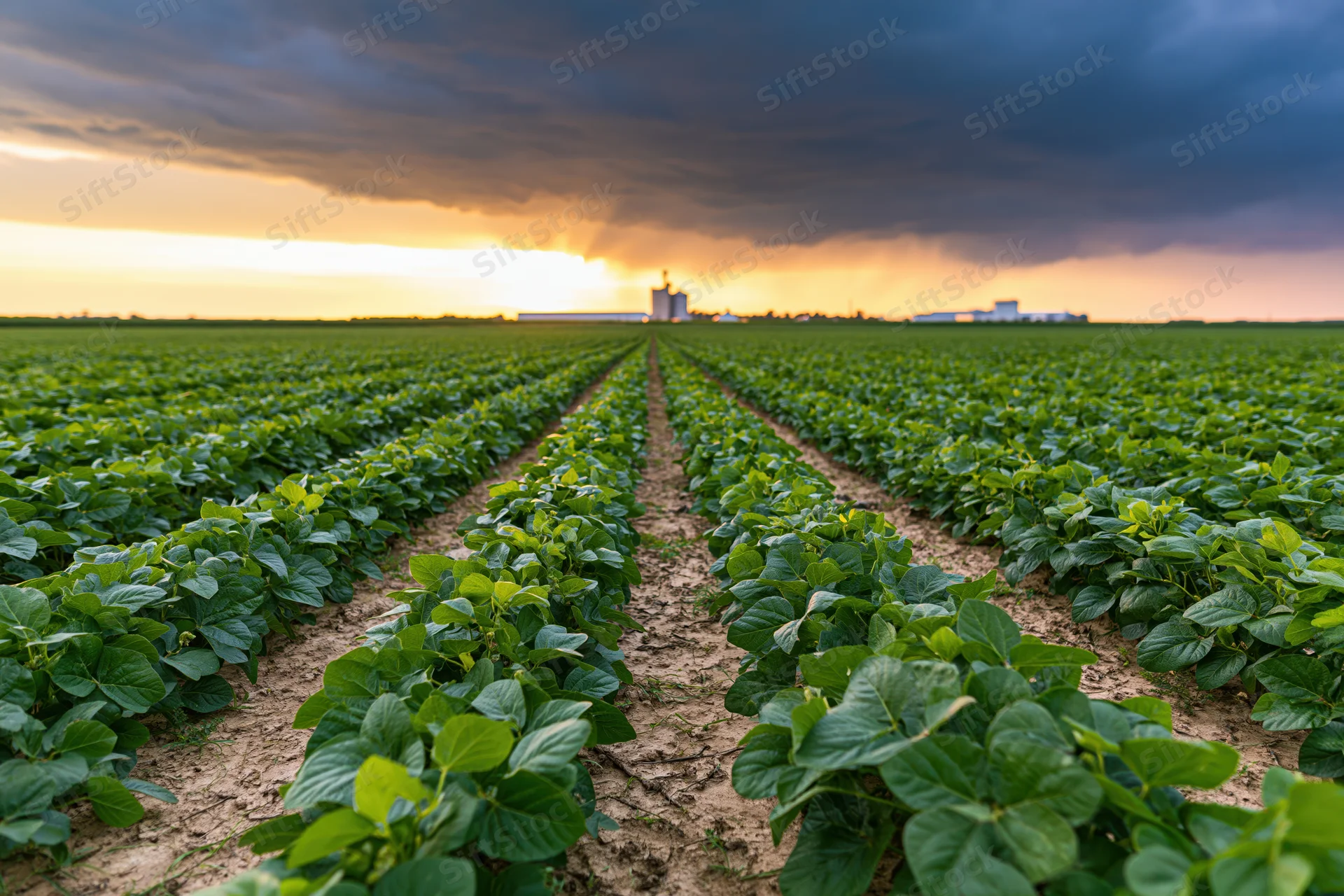 Soybean crop rows stretching toward horizon under stormy sunset sky