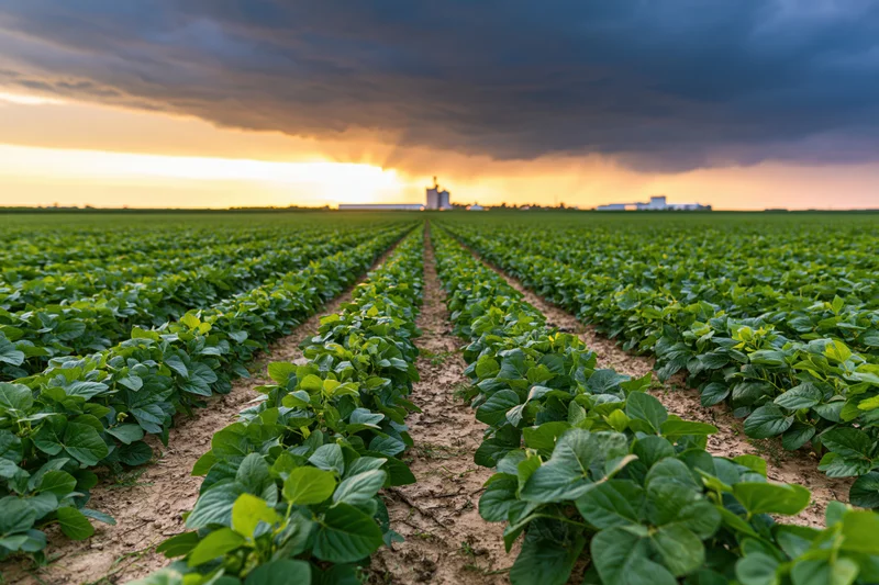 Soybean crop rows stretching toward horizon under stormy sunset sky