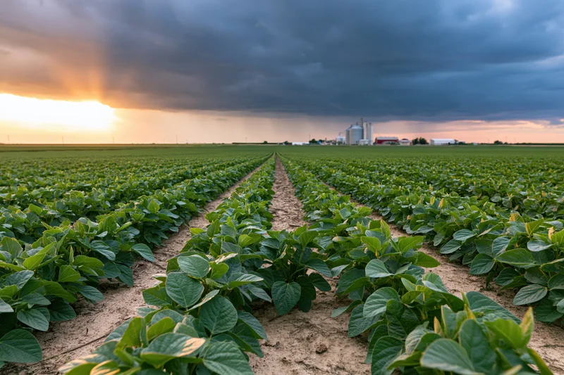 Soybean crop rows converging toward distant farm buildings under stormy sunset sky