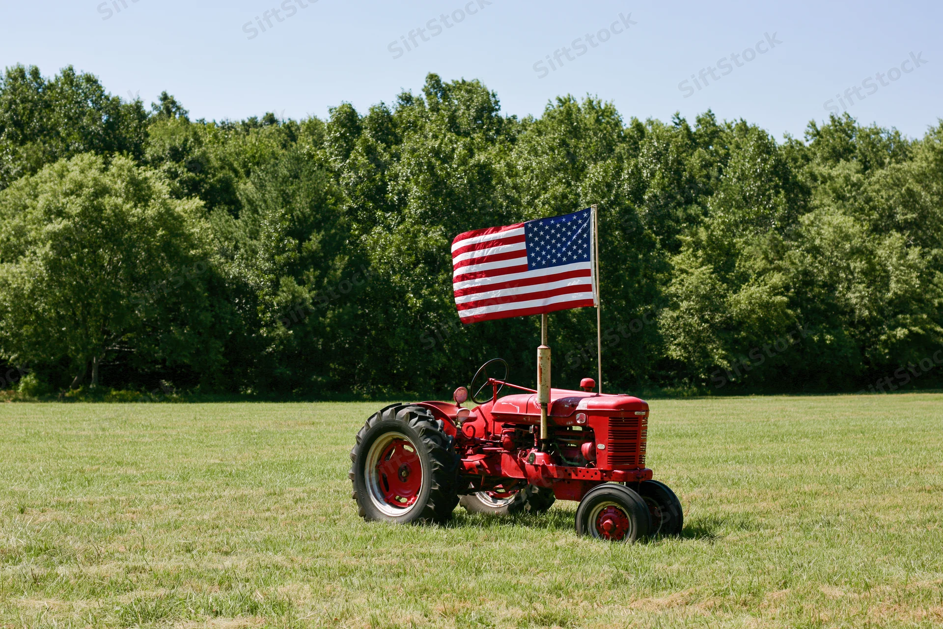 Vintage red farm tractor parked in a mowed grass field with american flag attached, surrounded by trees under clear sky