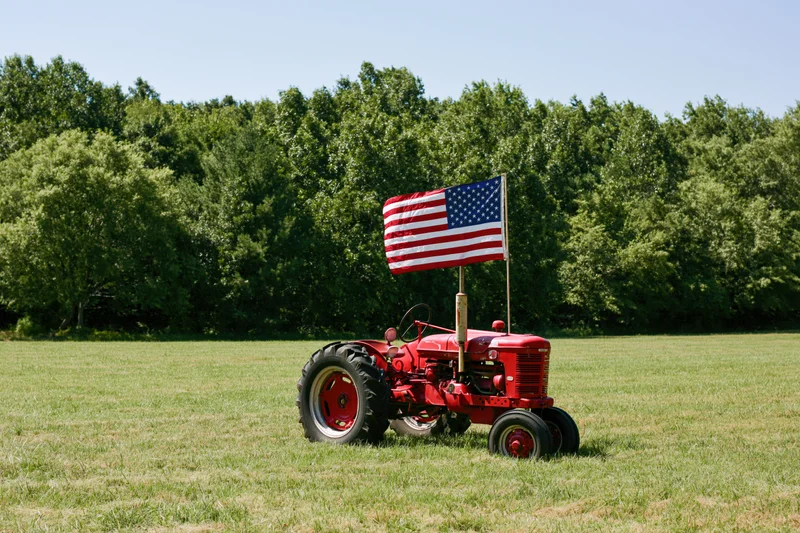 Vintage red farm tractor parked in a mowed grass field with american flag attached, surrounded by trees under clear sky