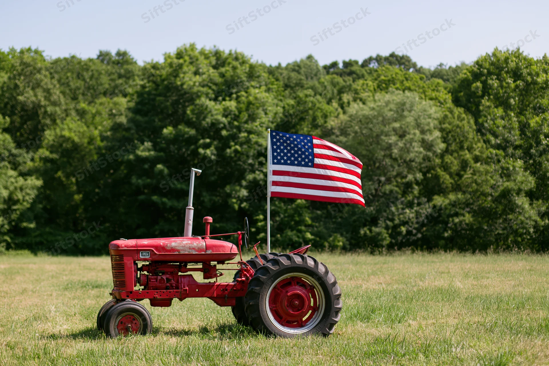 Vintage red farm tractor parked in a mowed grass field with american flag attached, surrounded by green trees in rural countryside