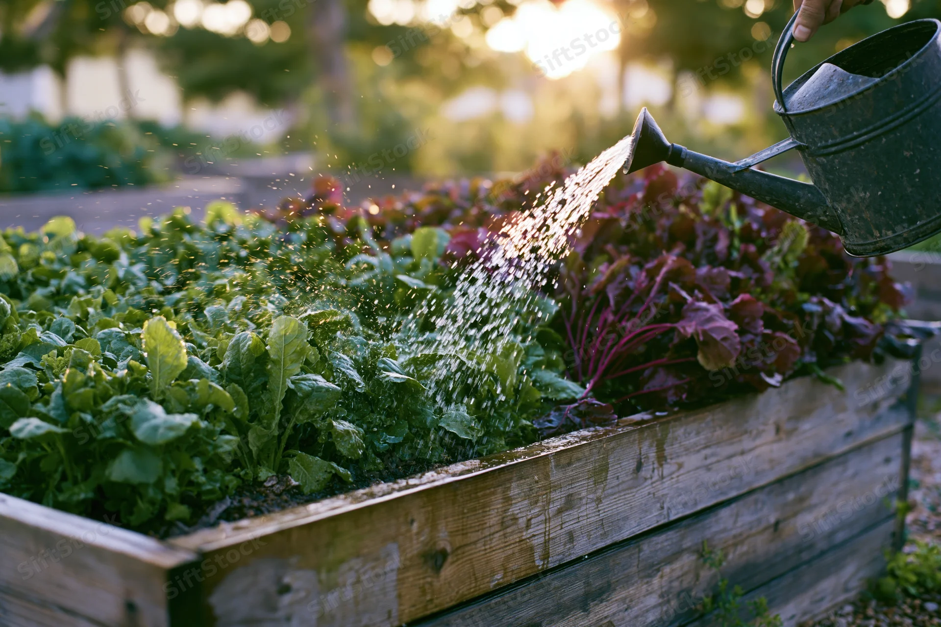 Water pouring from a metal watering can onto leafy vegetables in a wooden raised garden bed at dusk