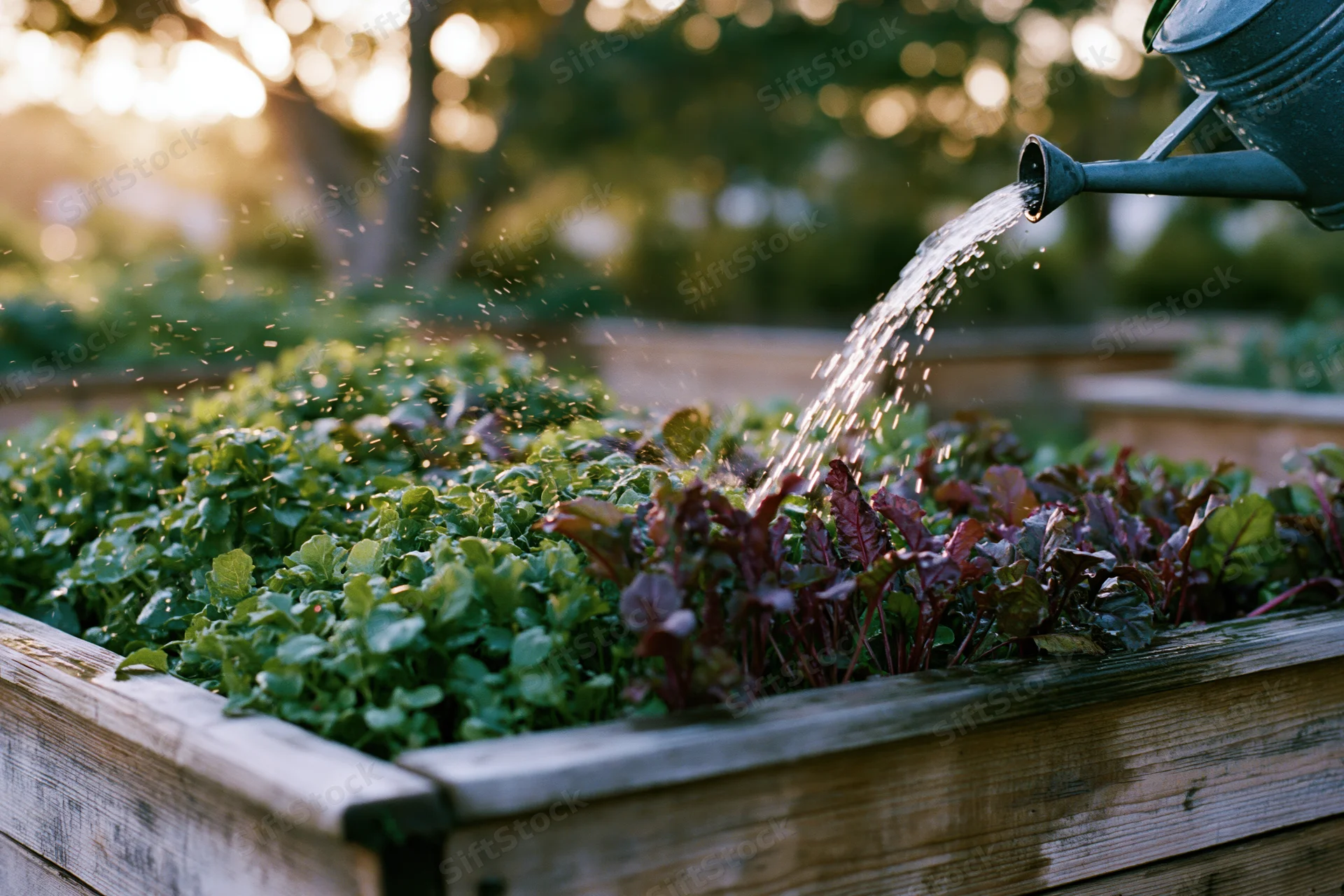 Water pouring from a watering can onto leafy greens in a wooden raised garden bed