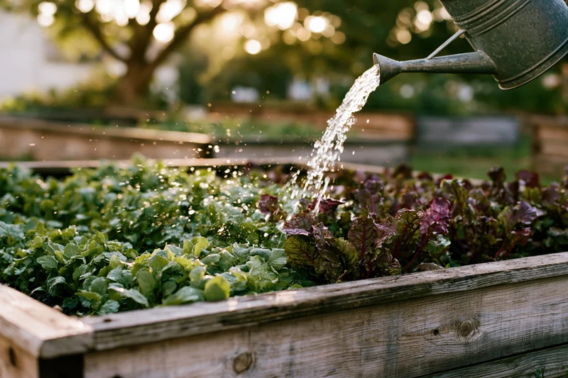 Water pouring from a metal watering can onto leafy greens in a wooden raised garden bed outdoors
