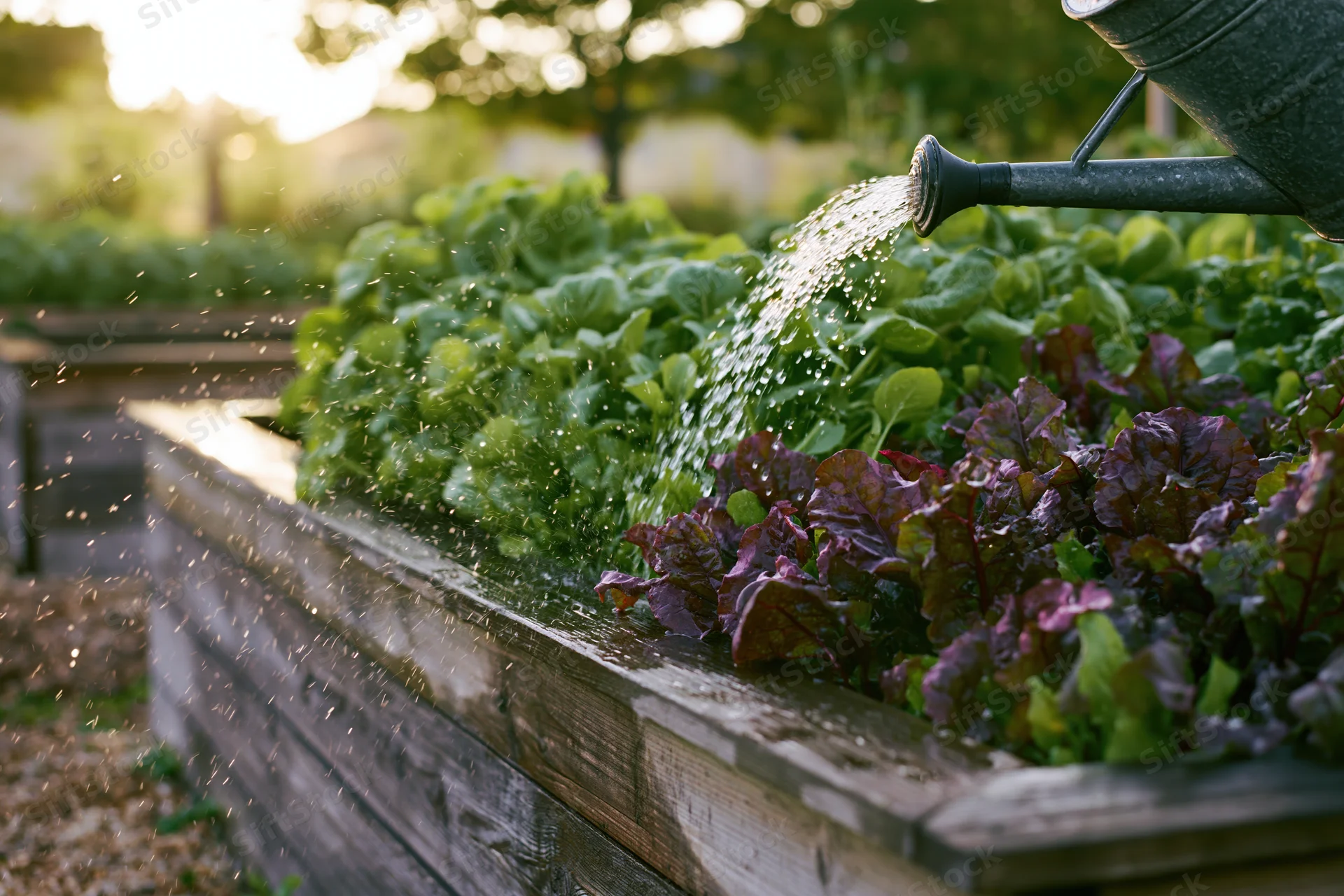 Water pouring from a metal watering can onto leafy green and purple lettuce in a wooden raised garden bed