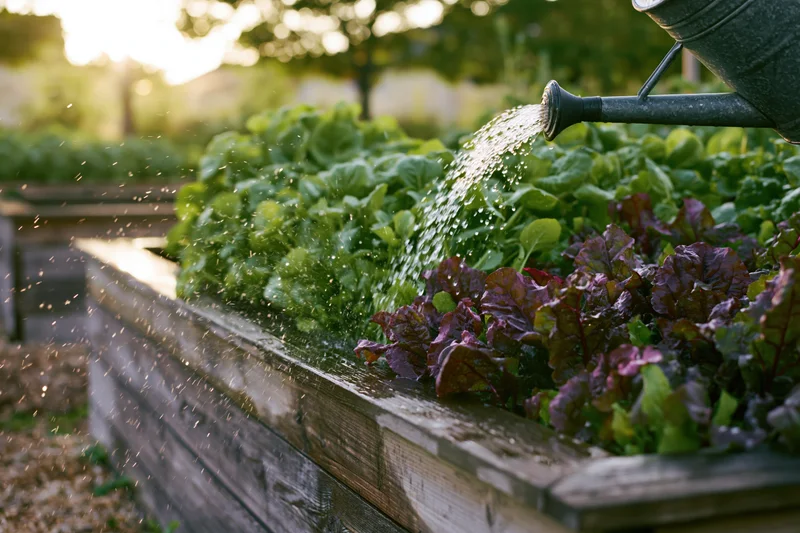 Water pouring from a metal watering can onto leafy green and purple lettuce in a wooden raised garden bed