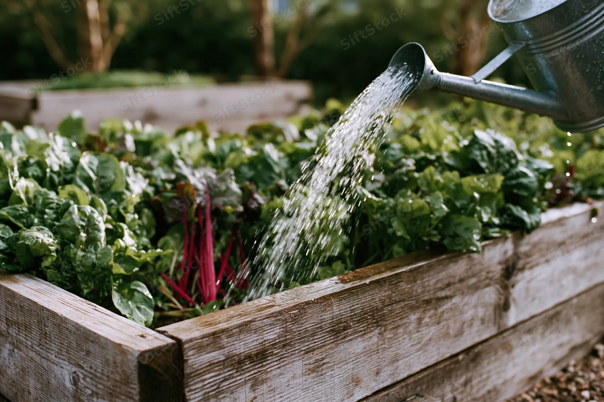 Water pouring from a metal watering can onto leafy vegetables in a raised wooden garden bed