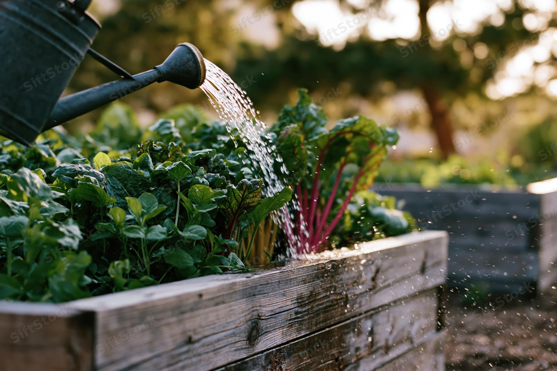 Water pouring from a metal watering can onto leafy vegetables in a raised wooden garden bed