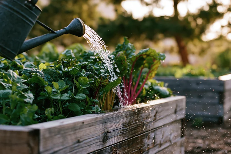 Water pouring from a metal watering can onto leafy vegetables in a raised wooden garden bed