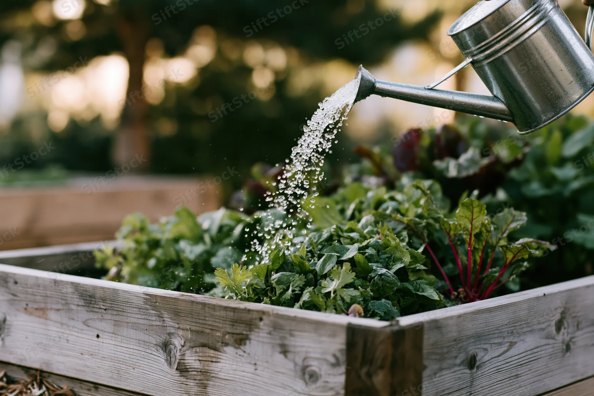 Water pouring from a metal watering can onto leafy greens in a raised wooden garden bed