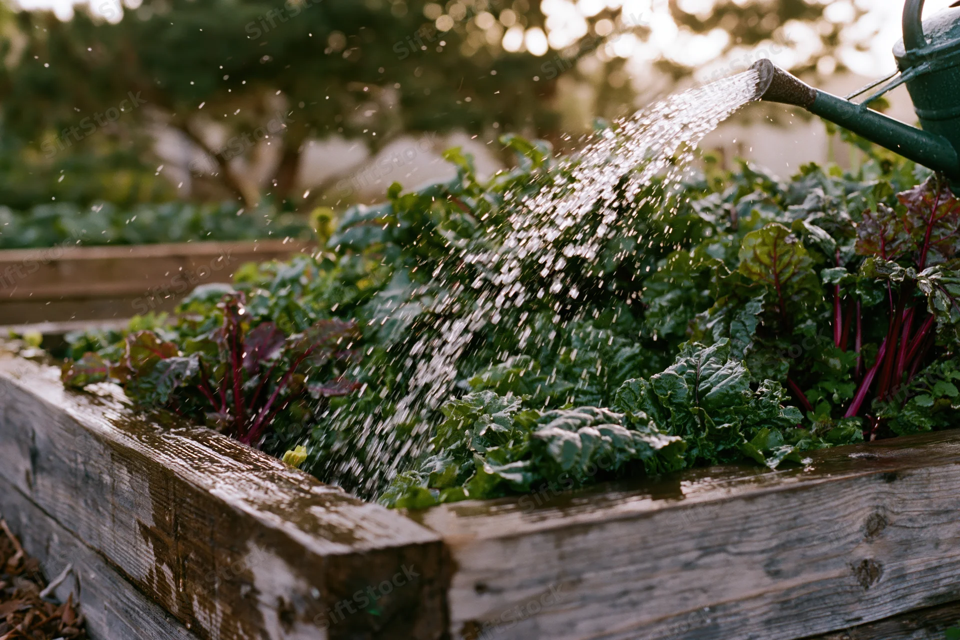 Water pouring from a green metal watering can onto leafy vegetables in a raised wooden garden bed