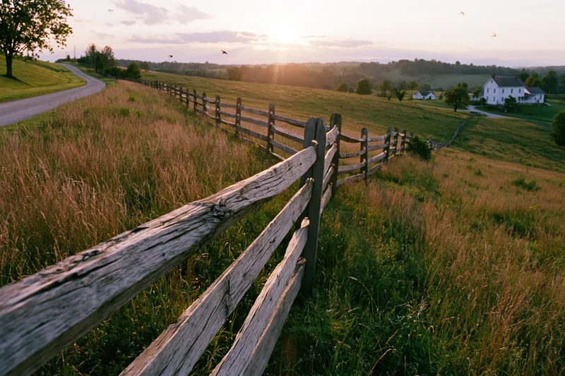 Weathered split-rail wooden fence running diagonally through a grassy field toward a farmhouse at sunset