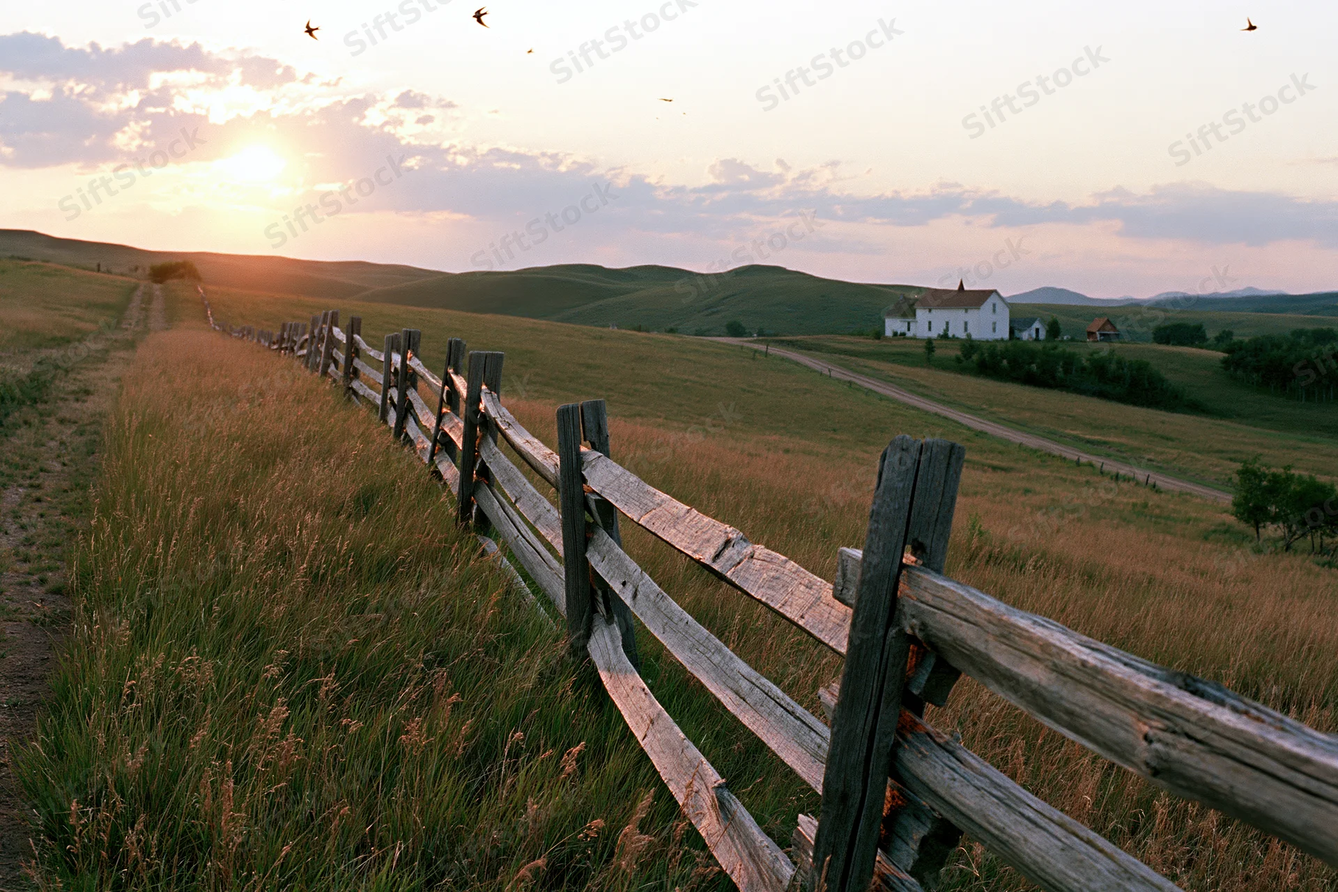Weathered split-rail wooden fence running diagonally through a grassy field toward a white farmhouse at sunset