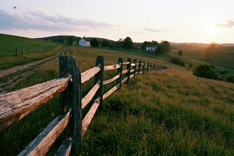 Weathered split-rail wooden fence running diagonally through a grassy rural field toward a farmhouse at sunset