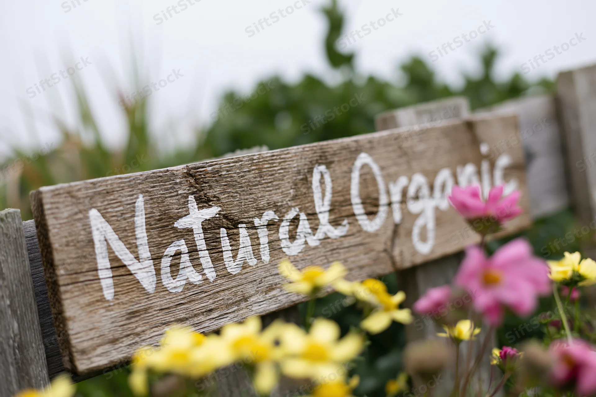 Weathered wooden sign with hand-painted white script reading natural organic in a garden with yellow and pink flowers
