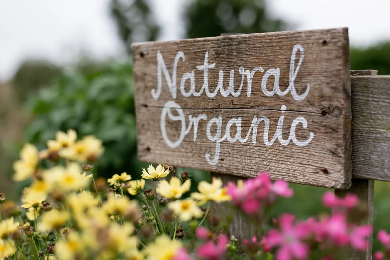 Weathered wooden sign with hand-painted white script reading natural organic in a garden with yellow and pink flowers
