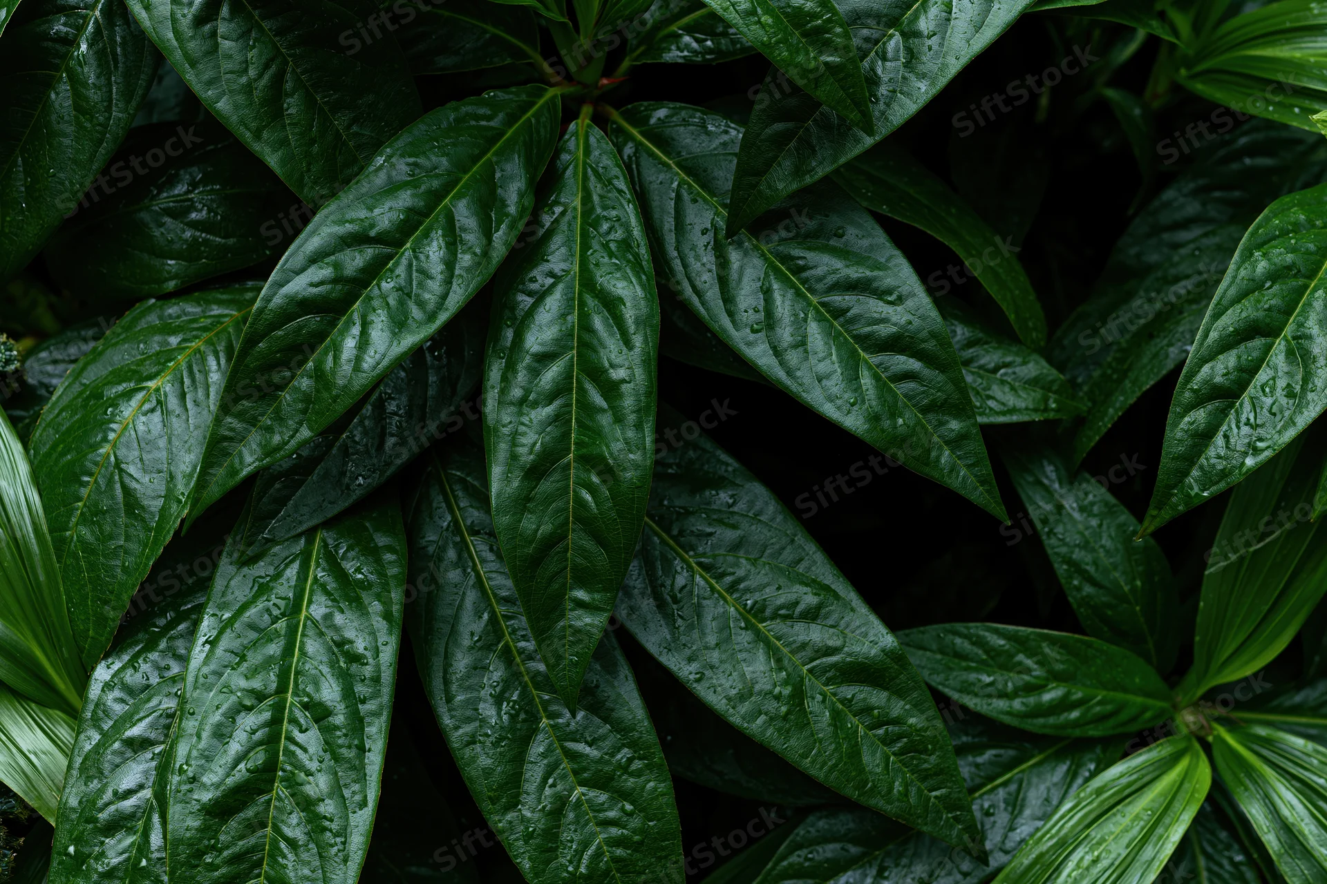 Wet tropical plant leaves densely filling the frame in overhead view