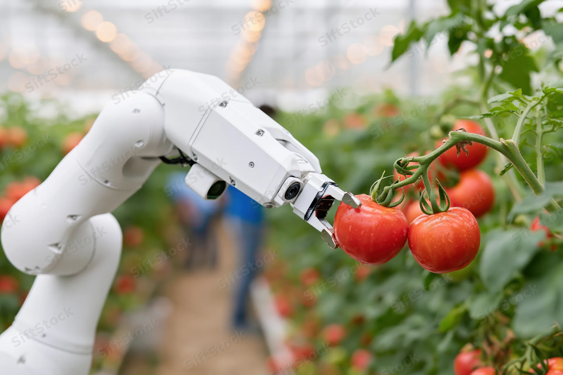 Robotic arm harvesting ripe tomatoes in a greenhouse