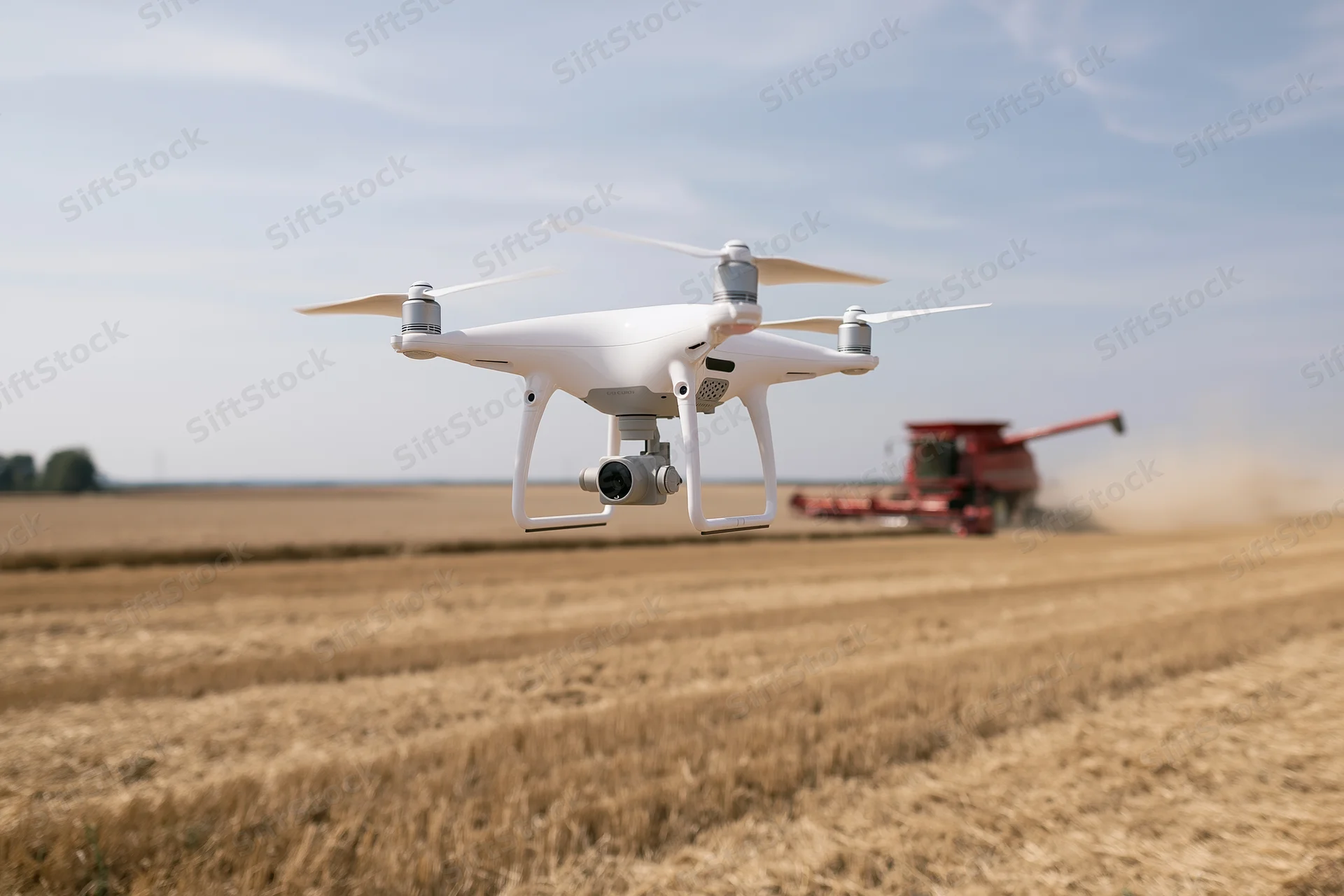 White quadcopter drone hovering low over harvested wheat field with red combine harvester in background
