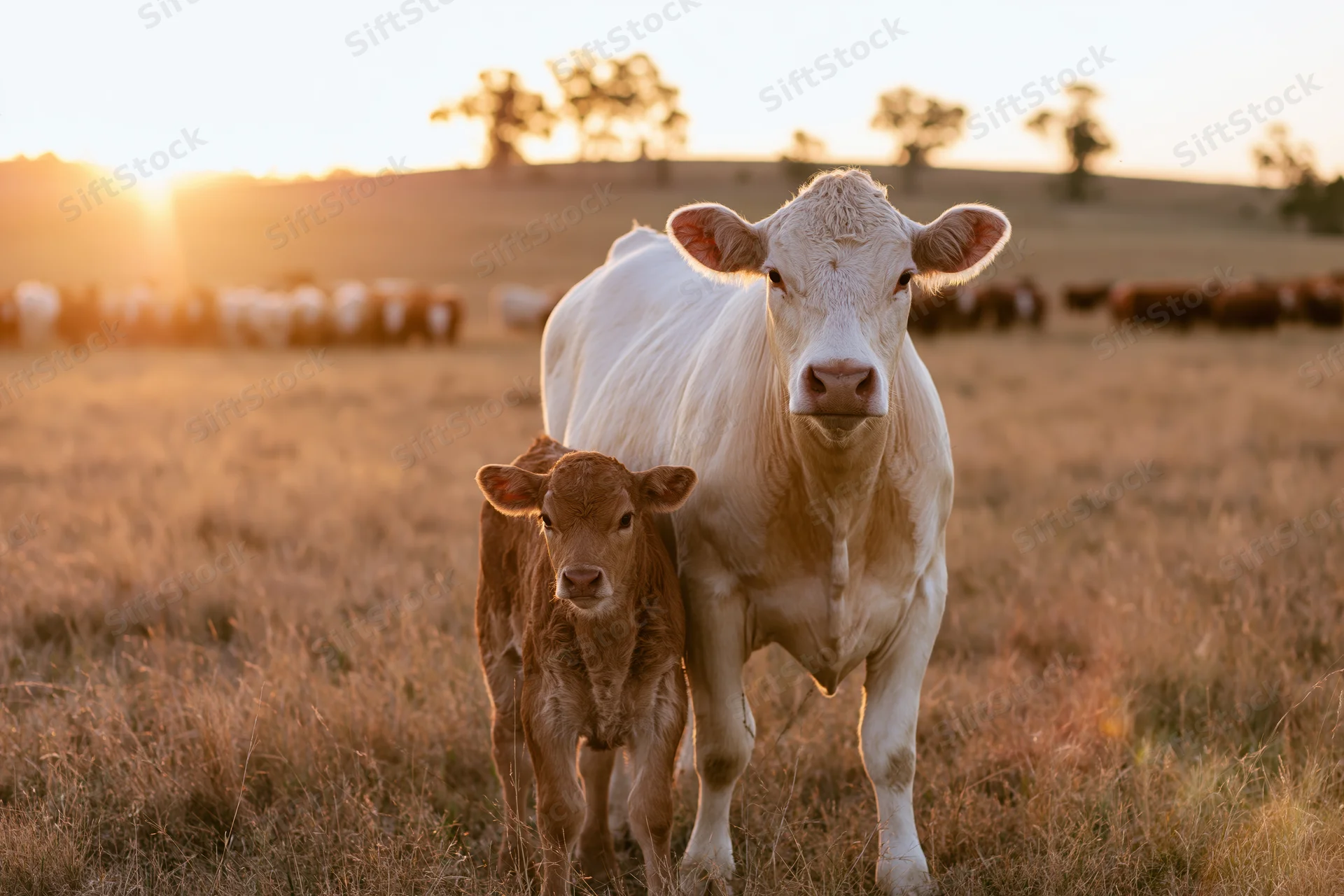 White cow and brown calf standing together in a dry grassy pasture at sunset