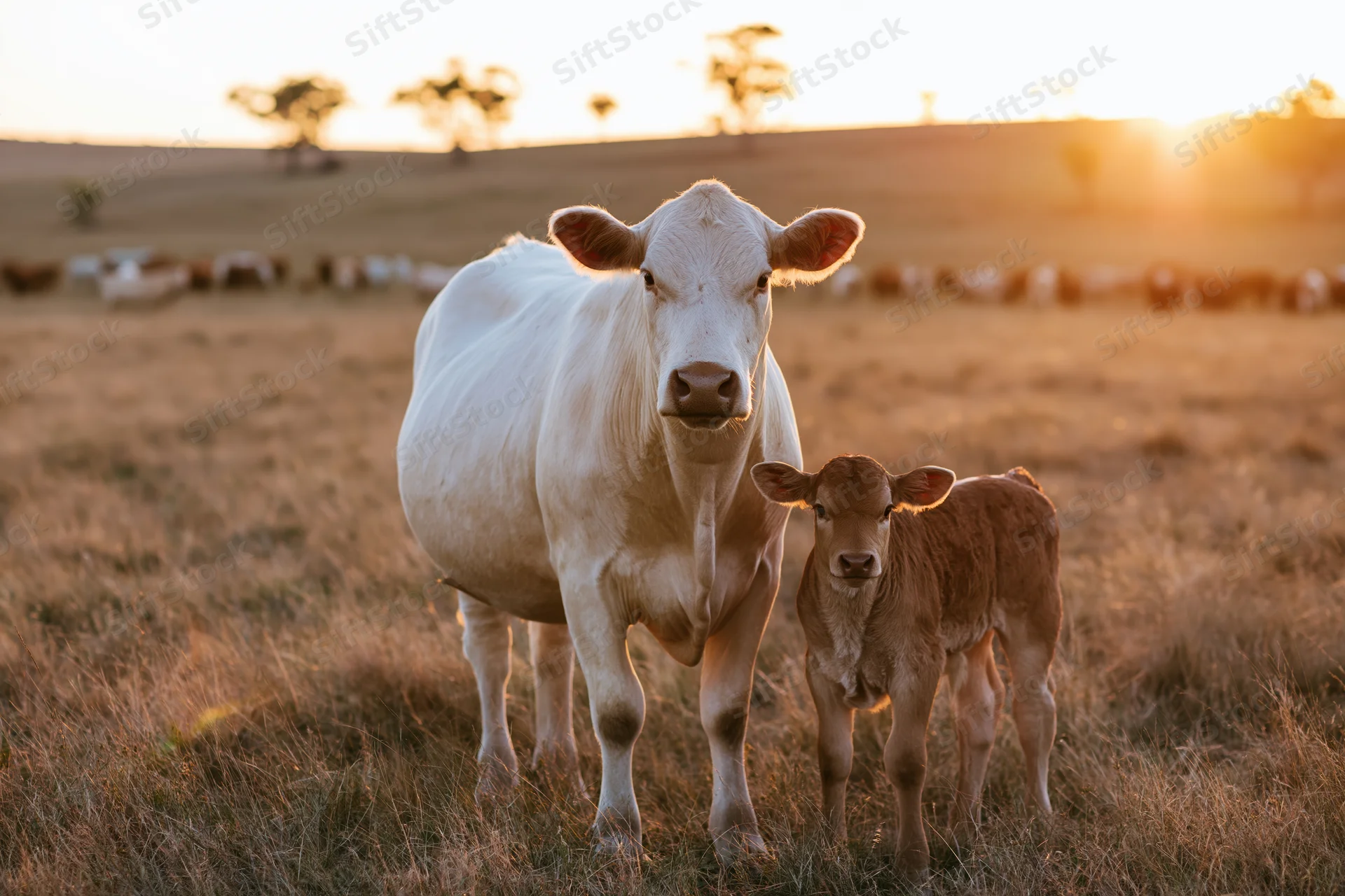 White cow and brown calf standing together in a dry grassy pasture at sunset