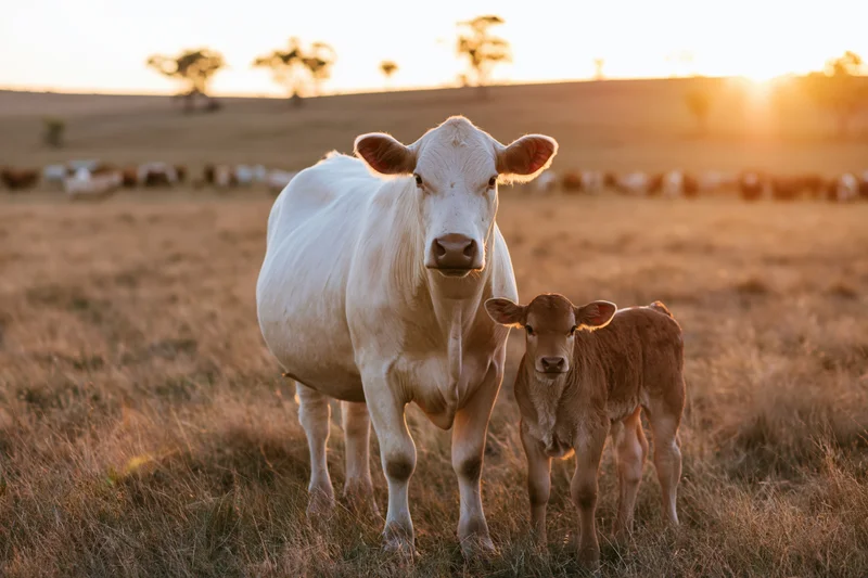 White cow and brown calf standing together in a dry grassy pasture at sunset