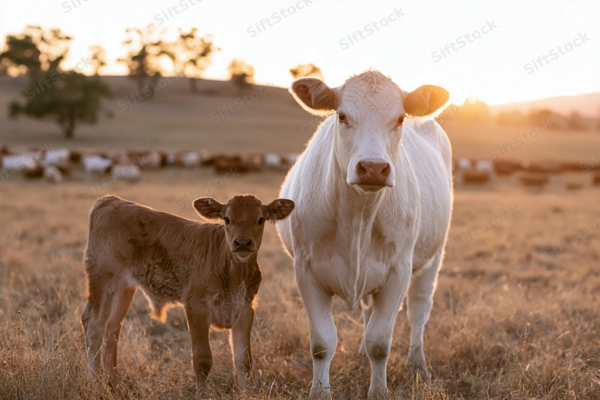 White cow and brown calf standing together in a dry grassy pasture at sunset