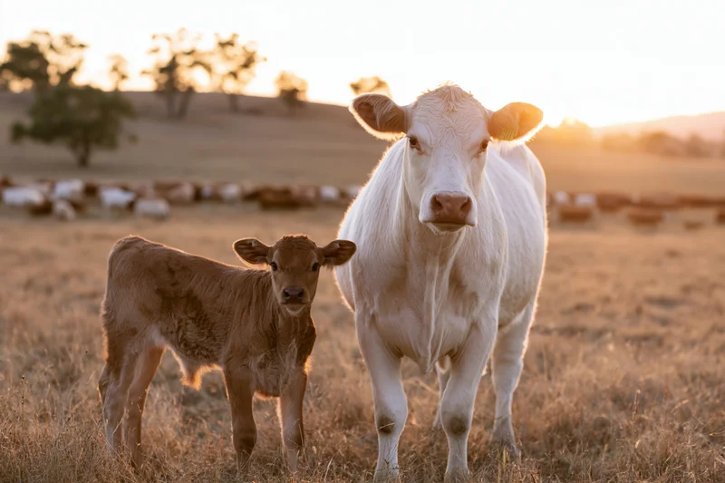 White cow and brown calf standing together in a dry grassy pasture at sunset
