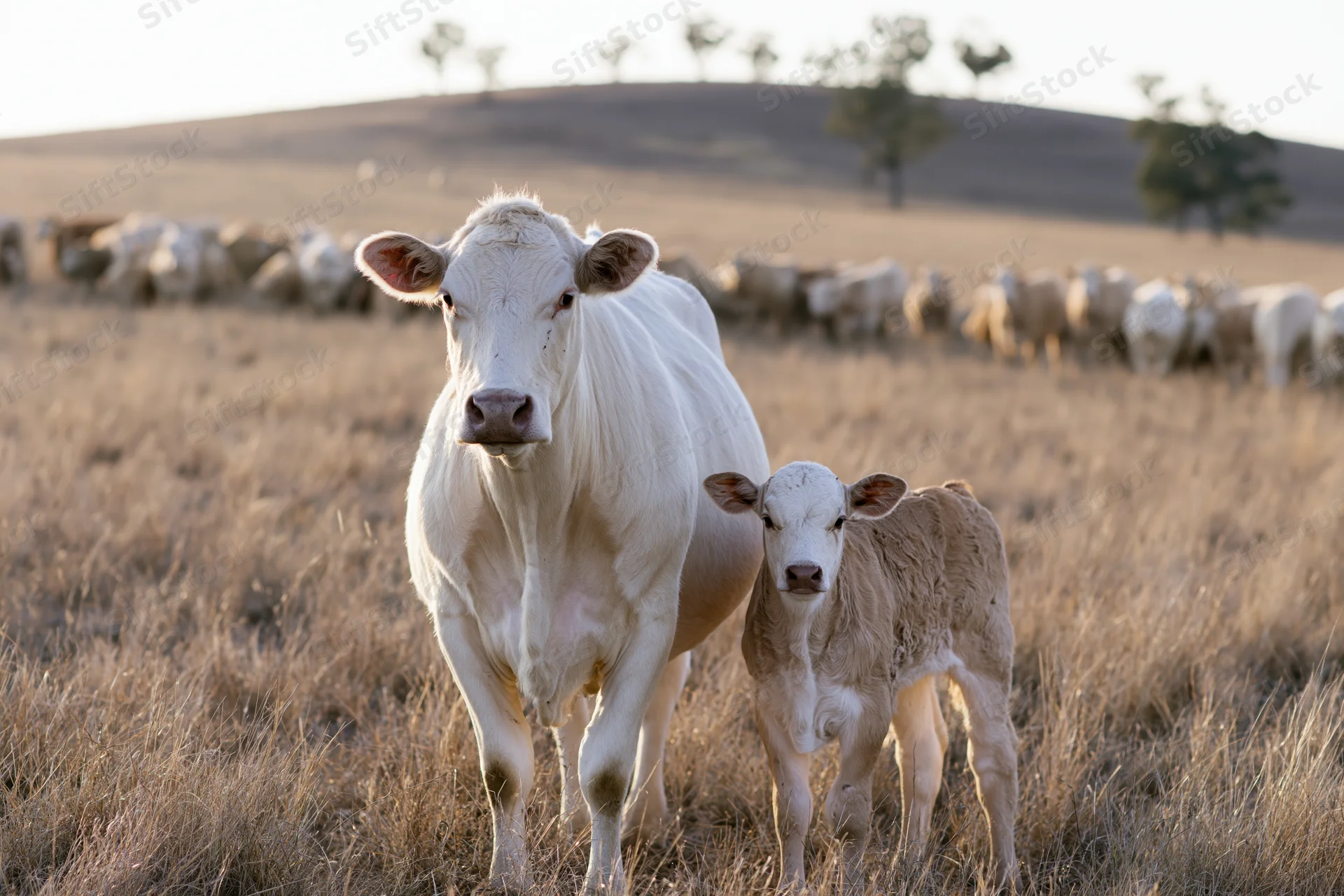 White cow and young calf standing together in a dry grass field