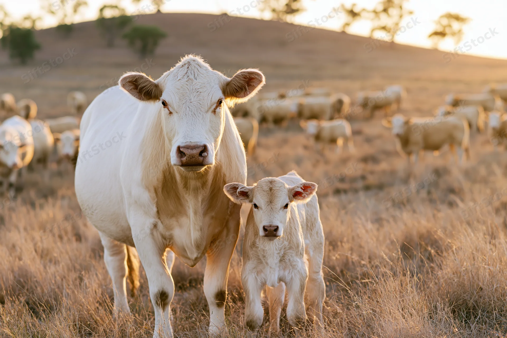 White cow and calf standing together in a dry grass field at golden hour