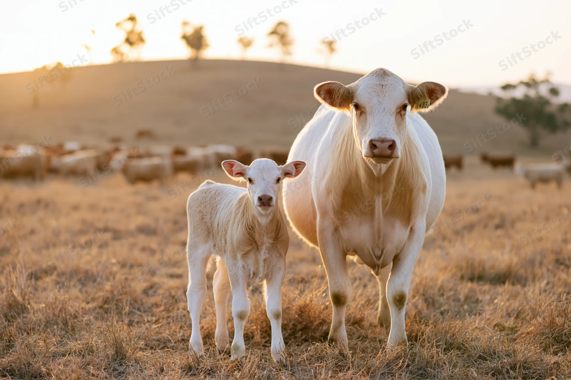 White cow and calf standing together in a dry grass field at golden hour
