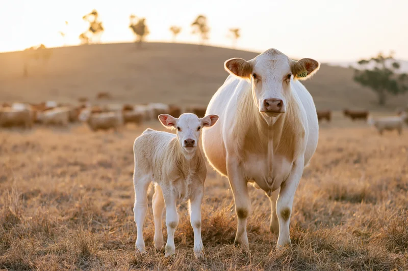 White cow and calf standing together in a dry grass field at golden hour