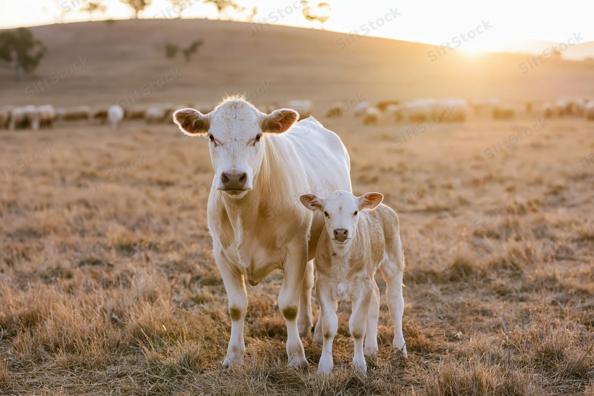 White cow and calf standing together in a dry grass field at sunset