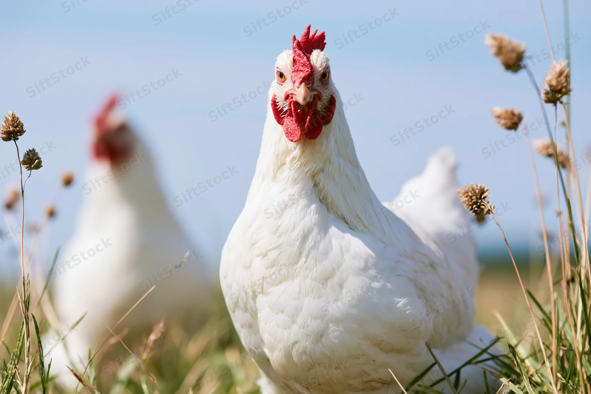 White chicken standing alert in tall pasture grass