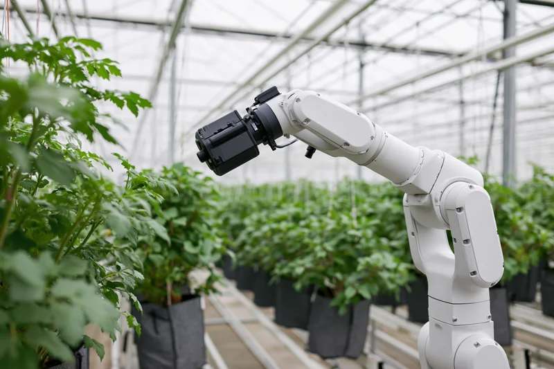 White industrial robotic arm extended toward potted tomato plants in a greenhouse