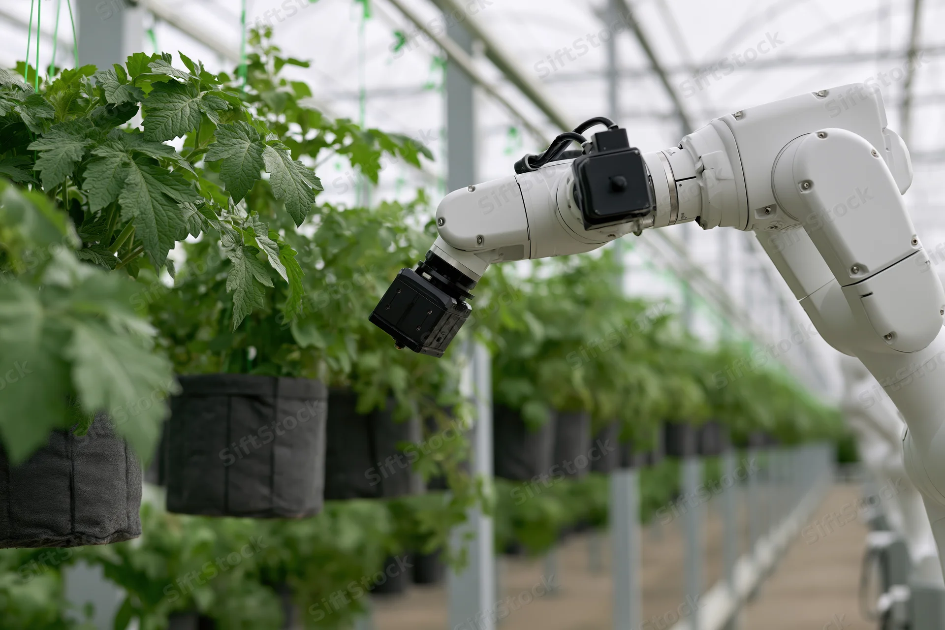 Robotic arm inspecting hanging potted tomato plants in a greenhouse