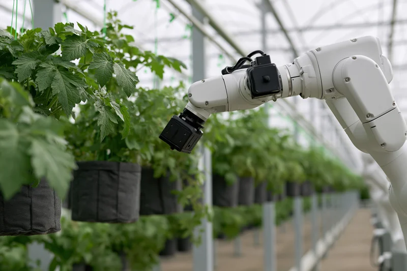 Robotic arm inspecting hanging potted tomato plants in a greenhouse