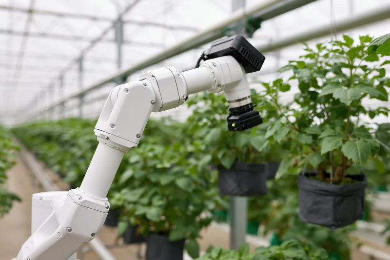 White robotic arm extending toward hanging potted tomato plants in a greenhouse