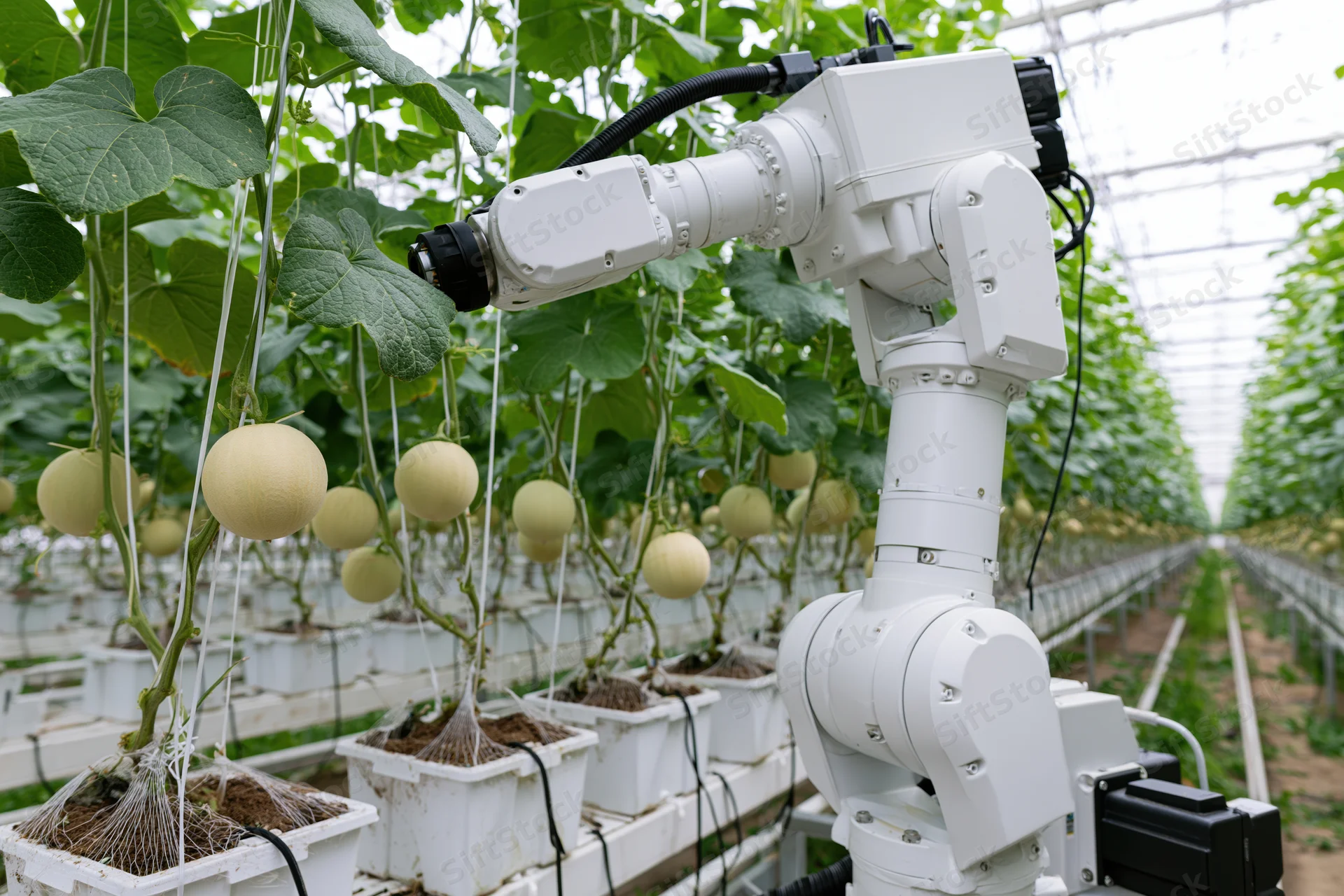 White industrial robotic arm positioned among rows of melon plants in a greenhouse