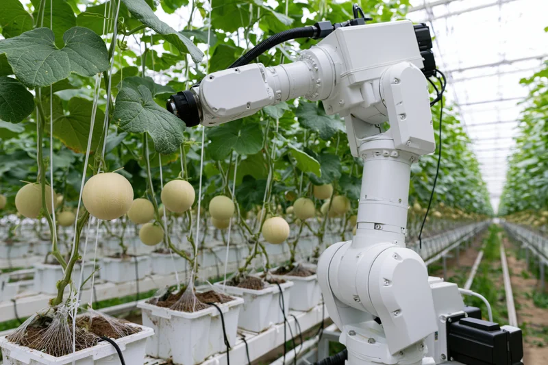White industrial robotic arm positioned among rows of melon plants in a greenhouse