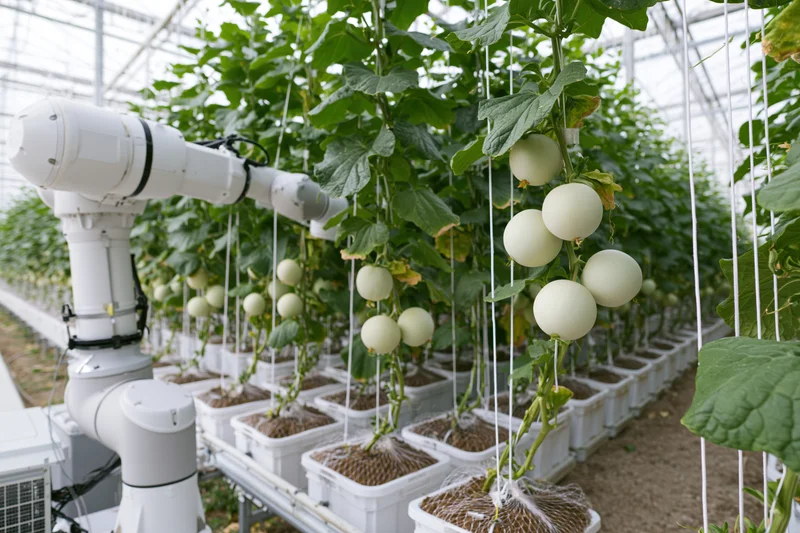White robotic arm among rows of melon plants in a greenhouse hydroponic farm